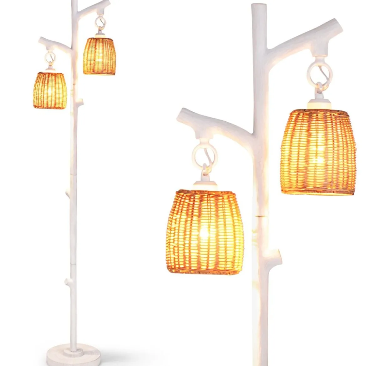 165 cm Stehleuchte dimmbar 2 Licht Baumstamm Lampen mit Weidenlampenschirm Weiß