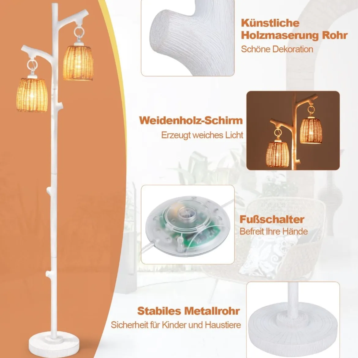 165 cm Stehleuchte dimmbar 2 Licht Baumstamm Lampen mit Weidenlampenschirm Weiß