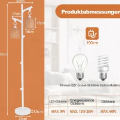 165 cm Stehleuchte dimmbar 2 Licht Baumstamm Lampen mit Weidenlampenschirm Weiß