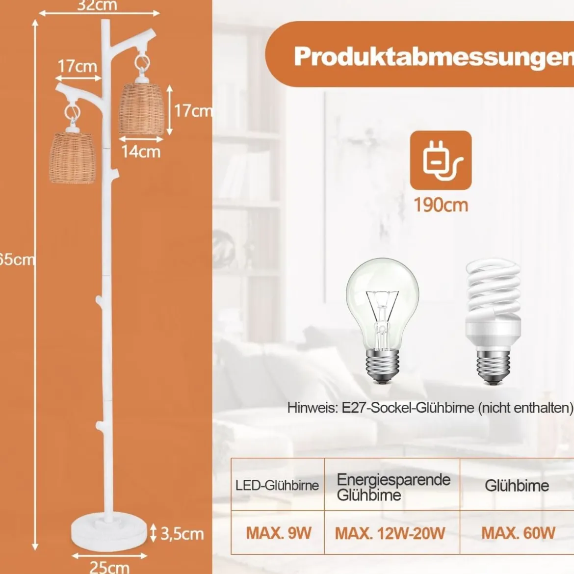 165 cm Stehleuchte dimmbar 2 Licht Baumstamm Lampen mit Weidenlampenschirm Weiß