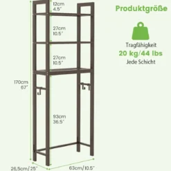 170 cm Toilettenregal mit 3 Ablagen & Höhenverstellbarer Querstange WC Regal Braun