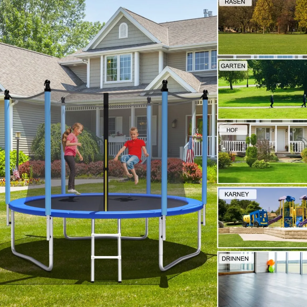 Ø 305 cm Trampolin Freizeit-Trampolin mit Sicherheitsnetz Schwarz + Blau