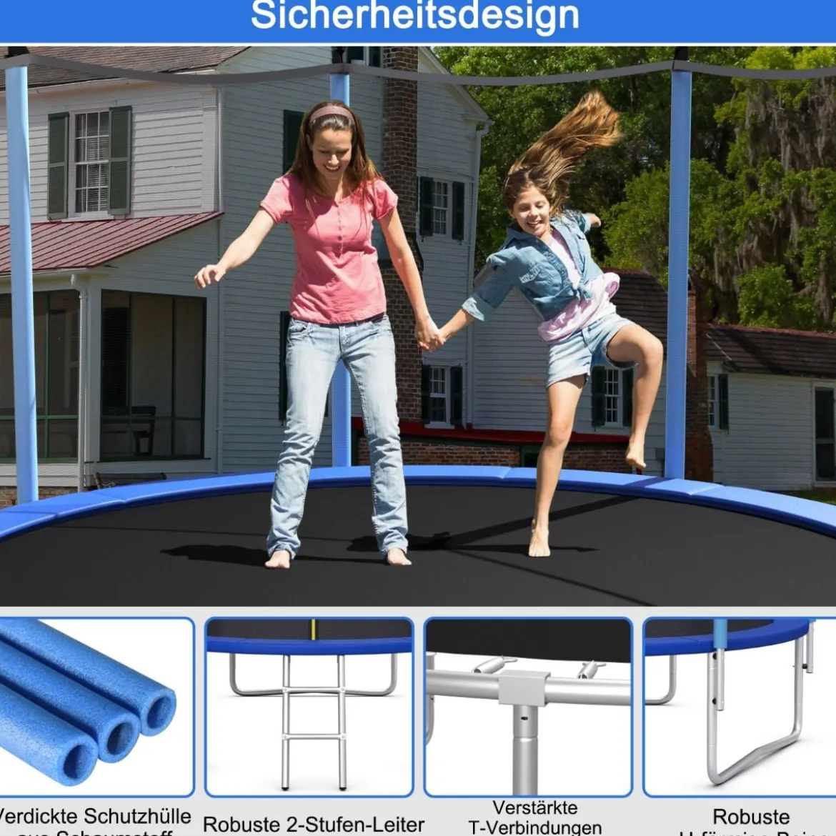 Ø 305 cm Trampolin Freizeit-Trampolin mit Sicherheitsnetz Schwarz + Blau