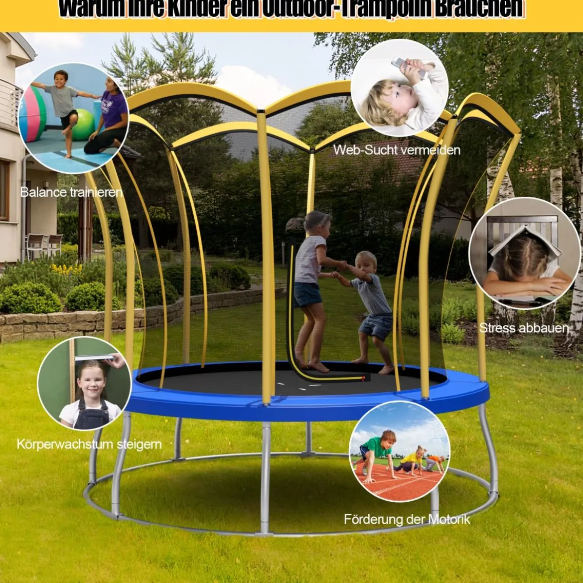 φ305 cm Trampolin mit Blumenform & Sicherheitsnetz & Gepolsterten Stangen Gelb