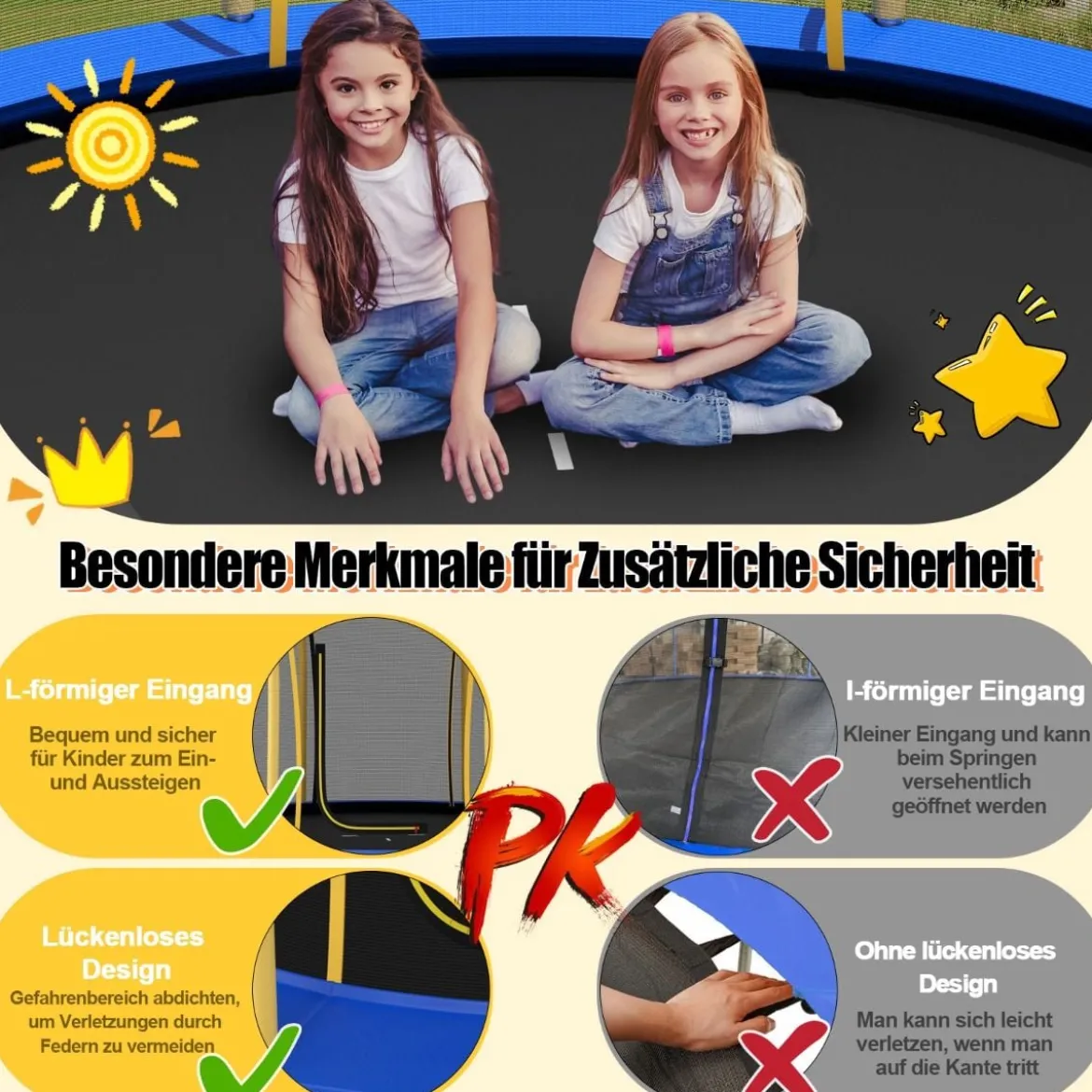 φ305 cm Trampolin mit Blumenform & Sicherheitsnetz & Gepolsterten Stangen Gelb