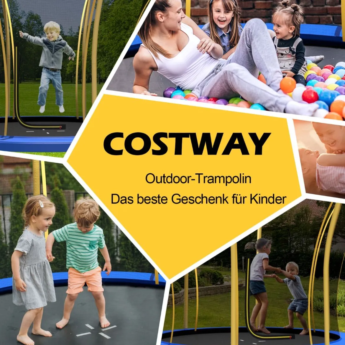 φ305 cm Trampolin mit Blumenform & Sicherheitsnetz & Gepolsterten Stangen Gelb