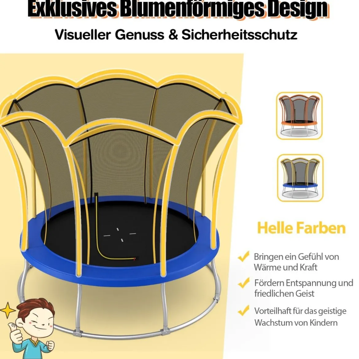 φ305 cm Trampolin mit Blumenform & Sicherheitsnetz & Gepolsterten Stangen Gelb