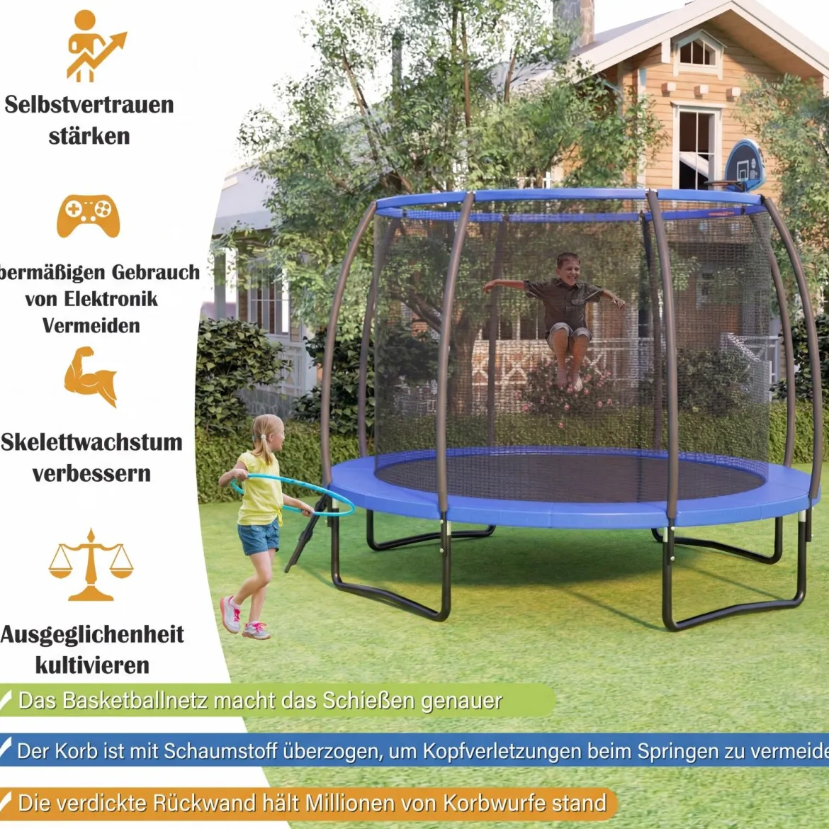 φ366 cm Trampolin mit Leiter & Basketball & Sprungmatte & Randabdeckung Gartentrampolin