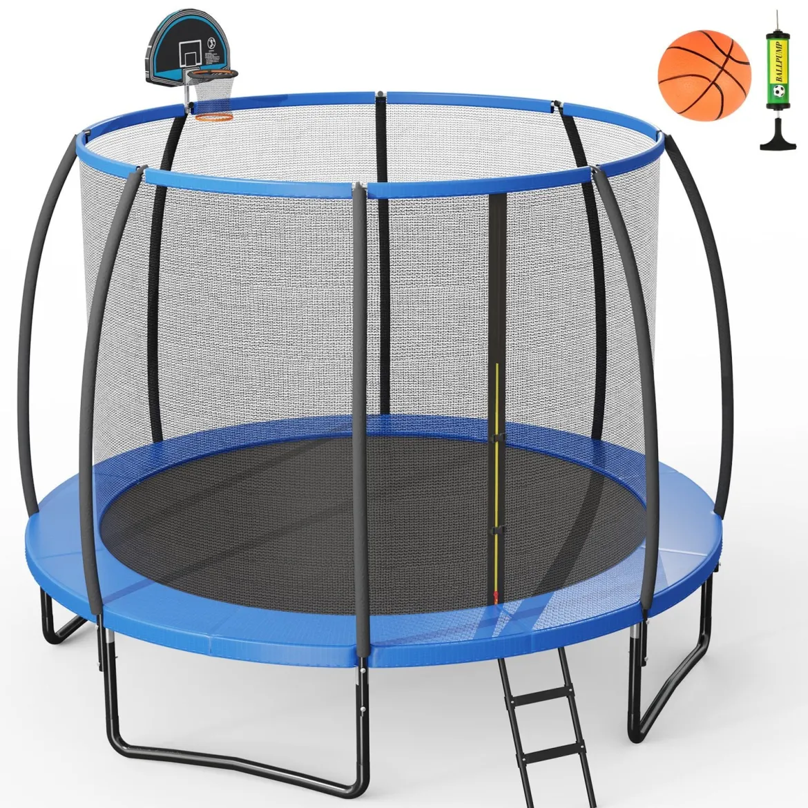 φ366 cm Trampolin mit Leiter & Basketball & Sprungmatte & Randabdeckung Gartentrampolin