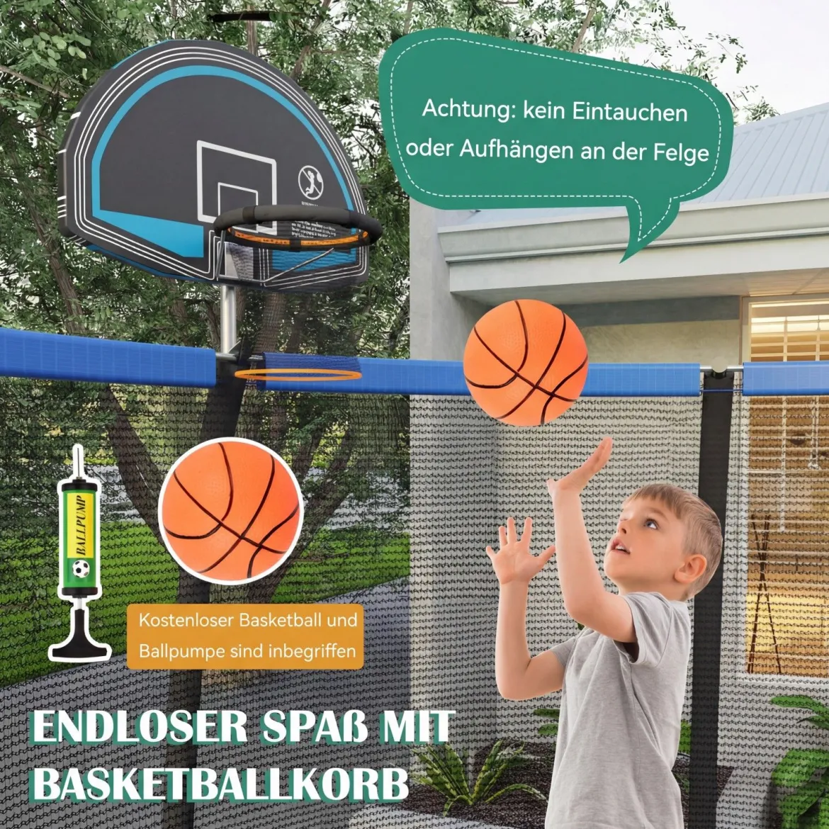 φ366 cm Trampolin mit Leiter & Basketball & Sprungmatte & Randabdeckung Gartentrampolin