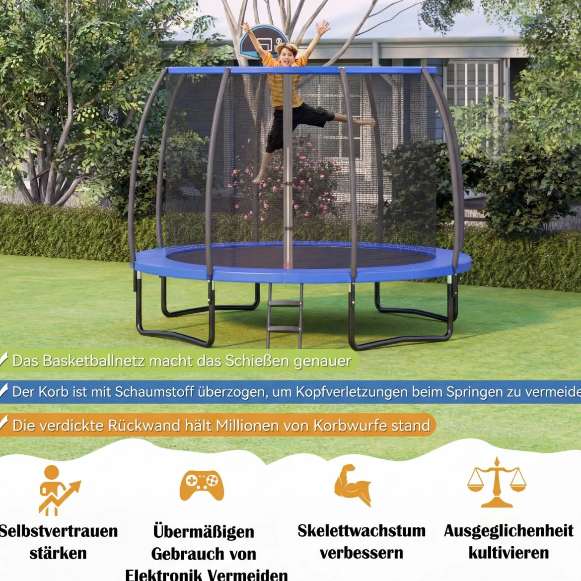 φ366 cm Trampolin mit Leiter & Basketball & Sprungmatte & Randabdeckung Gartentrampolin