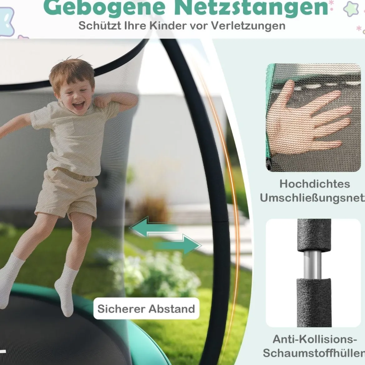 Ø244 cm Trampolin mit Leiter & Sicherheitsnetz Rund Gartentrampolin Kindertrampolin Grün