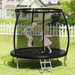 Ø244 cm Trampolin mit Leiter & Sicherheitsnetz Rund Gartentrampolin Kindertrampolin Grün