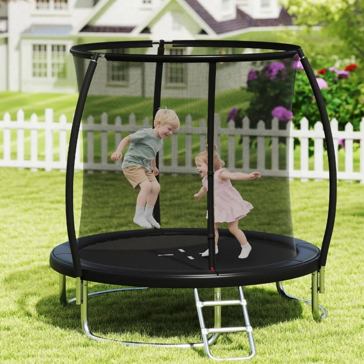 Ø244 cm Trampolin mit Leiter & Sicherheitsnetz Rund Gartentrampolin Kindertrampolin Grün