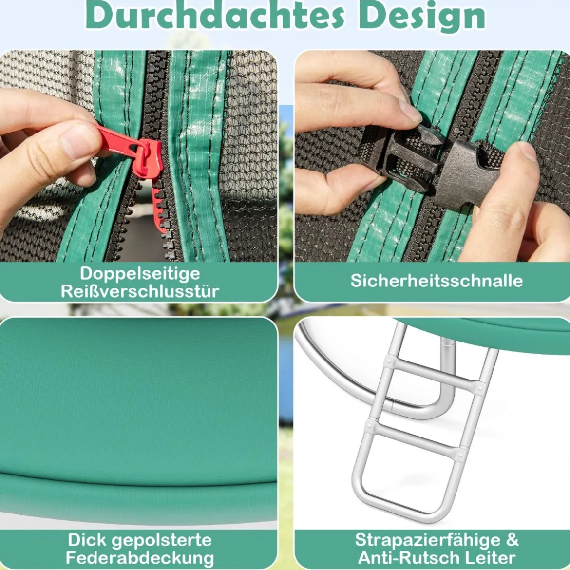 Ø244 cm Trampolin mit Leiter & Sicherheitsnetz Rund Gartentrampolin Kindertrampolin Grün
