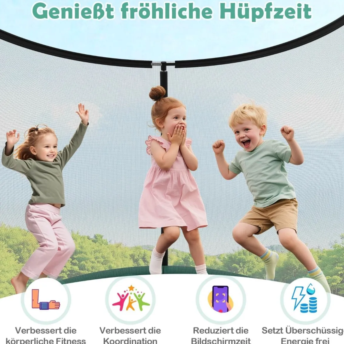 Ø244 cm Trampolin mit Leiter & Sicherheitsnetz Rund Gartentrampolin Kindertrampolin Grün