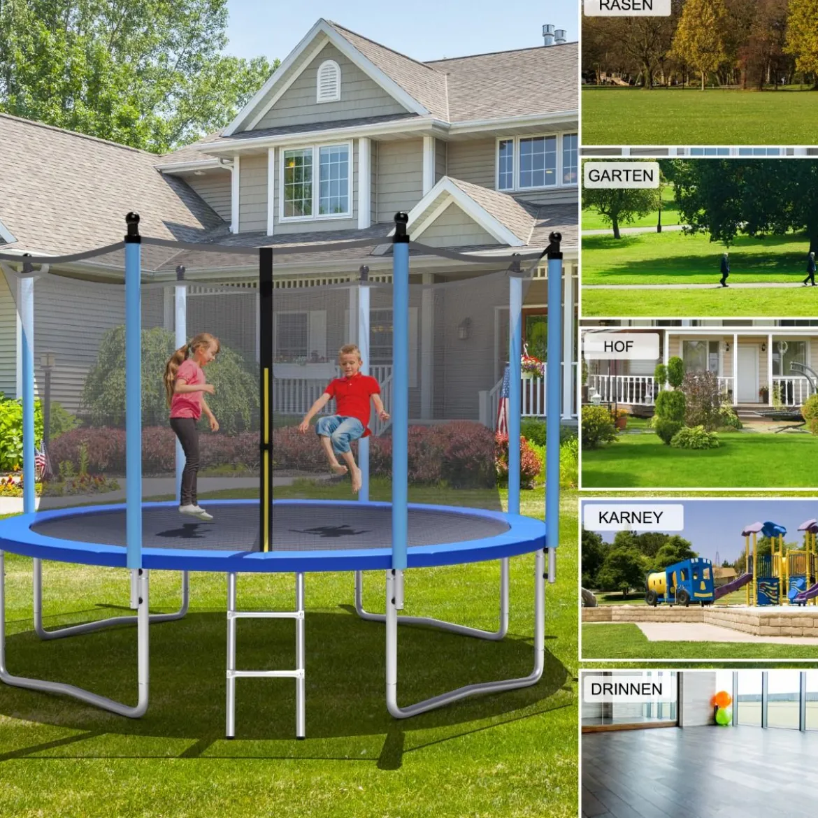 Ø 427 cm Trampolin Trampolin Komplettset mit Leiter Outdoor Schwarz + Blau