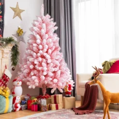 180 cm Verschneiter Künstlicher Weihnachtsbaum mit 920 Zweigen und Metallständer Rosa