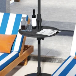 Ø50cm verstellbarer Schirmtisch runde Tischplatte mit 38mm Schirmloch & Holzmaserung Schwarz