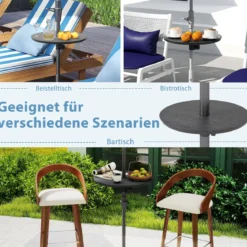 Ø50cm verstellbarer Schirmtisch runde Tischplatte mit 38mm Schirmloch & Holzmaserung Schwarz