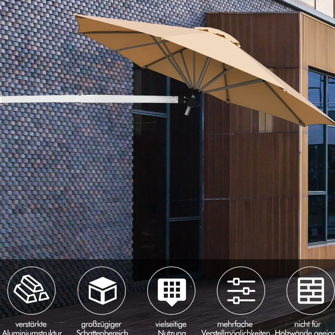 247 cm Wandschirm Terrassenschirm mit verstellbarem Mast Sonnenschirm mit Windventil Beige