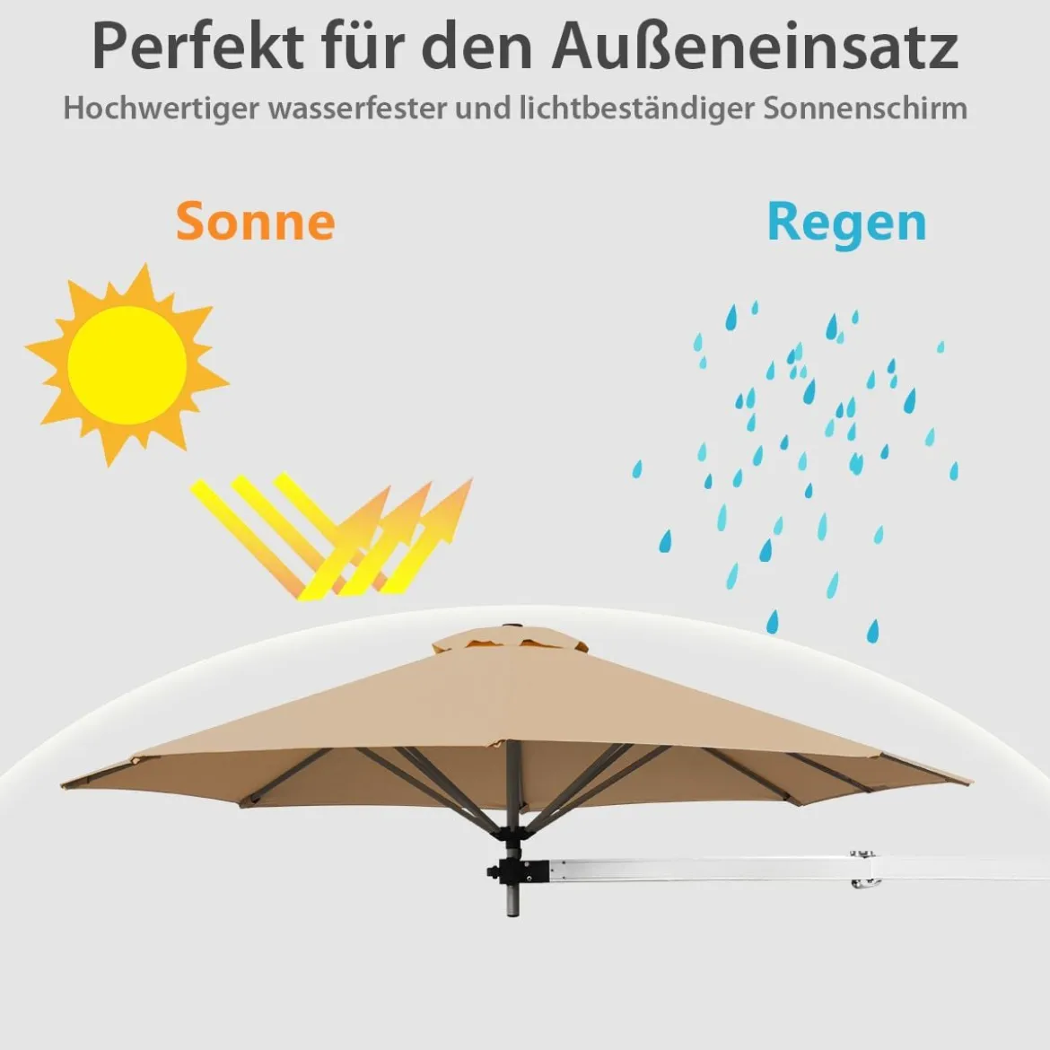 247 cm Wandschirm Terrassenschirm mit verstellbarem Mast Sonnenschirm mit Windventil Beige