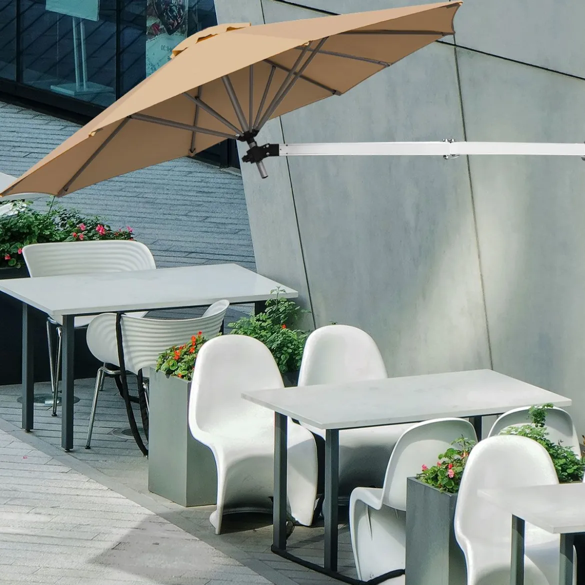 247 cm Wandschirm Terrassenschirm mit verstellbarem Mast Sonnenschirm mit Windventil Beige