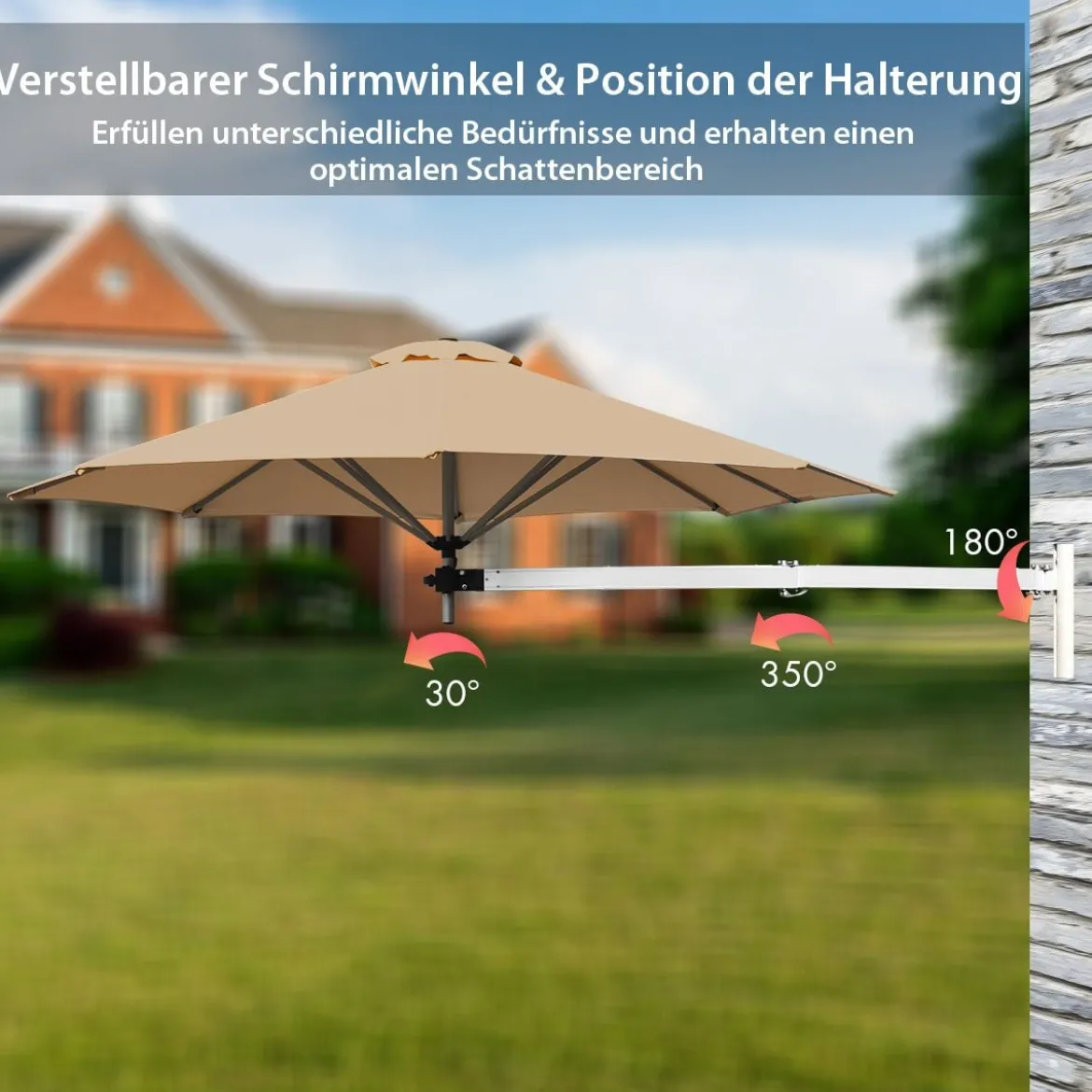 247 cm Wandschirm Terrassenschirm mit verstellbarem Mast Sonnenschirm mit Windventil Beige