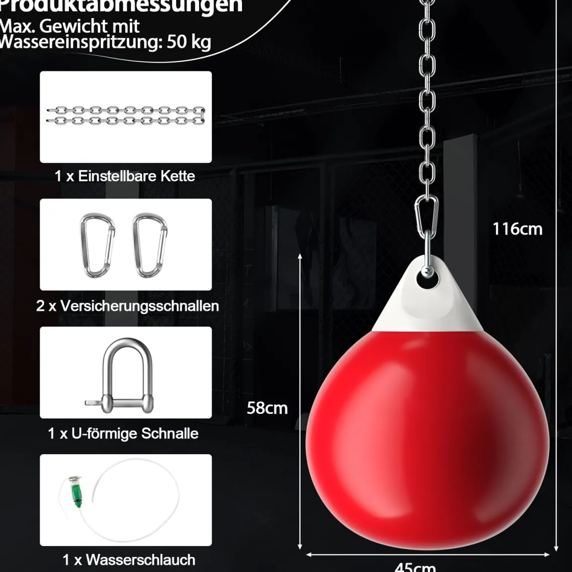 Ø45 cm Wasserboxsack 50 kg Boxing Punching Bag mit Verstellbarer Metallkette Rot