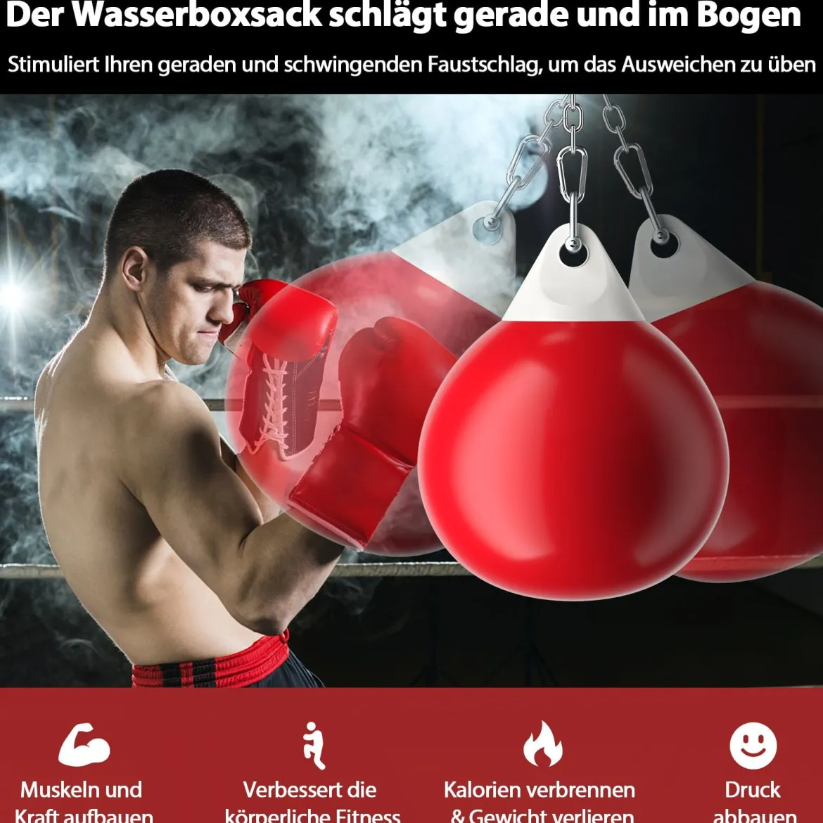 Ø45 cm Wasserboxsack 50 kg Boxing Punching Bag mit Verstellbarer Metallkette Rot