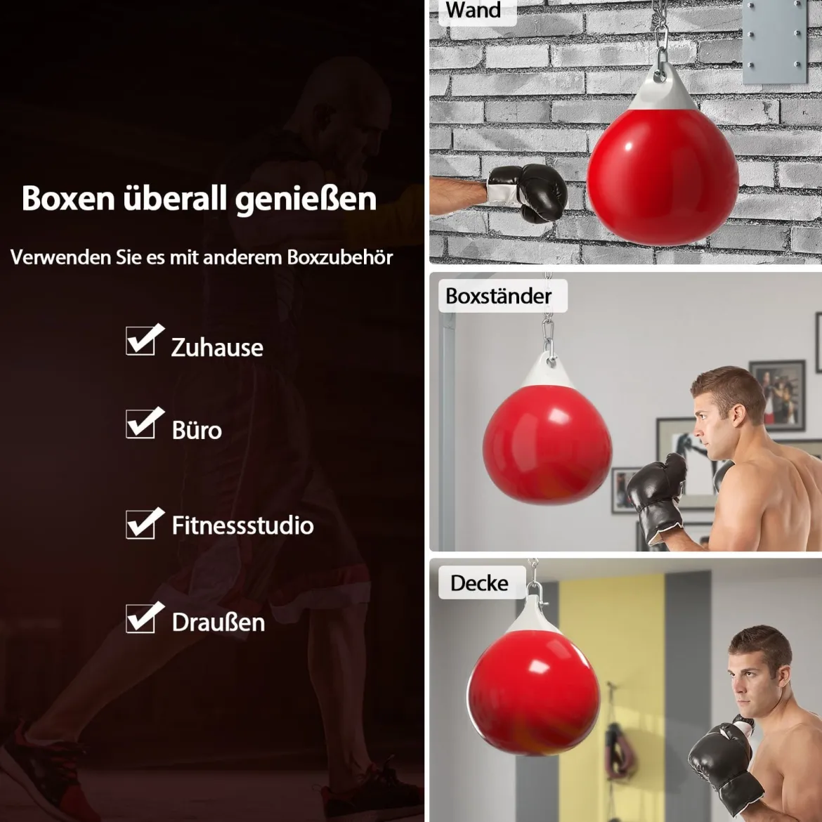 Ø45 cm Wasserboxsack 50 kg Boxing Punching Bag mit Verstellbarer Metallkette Rot