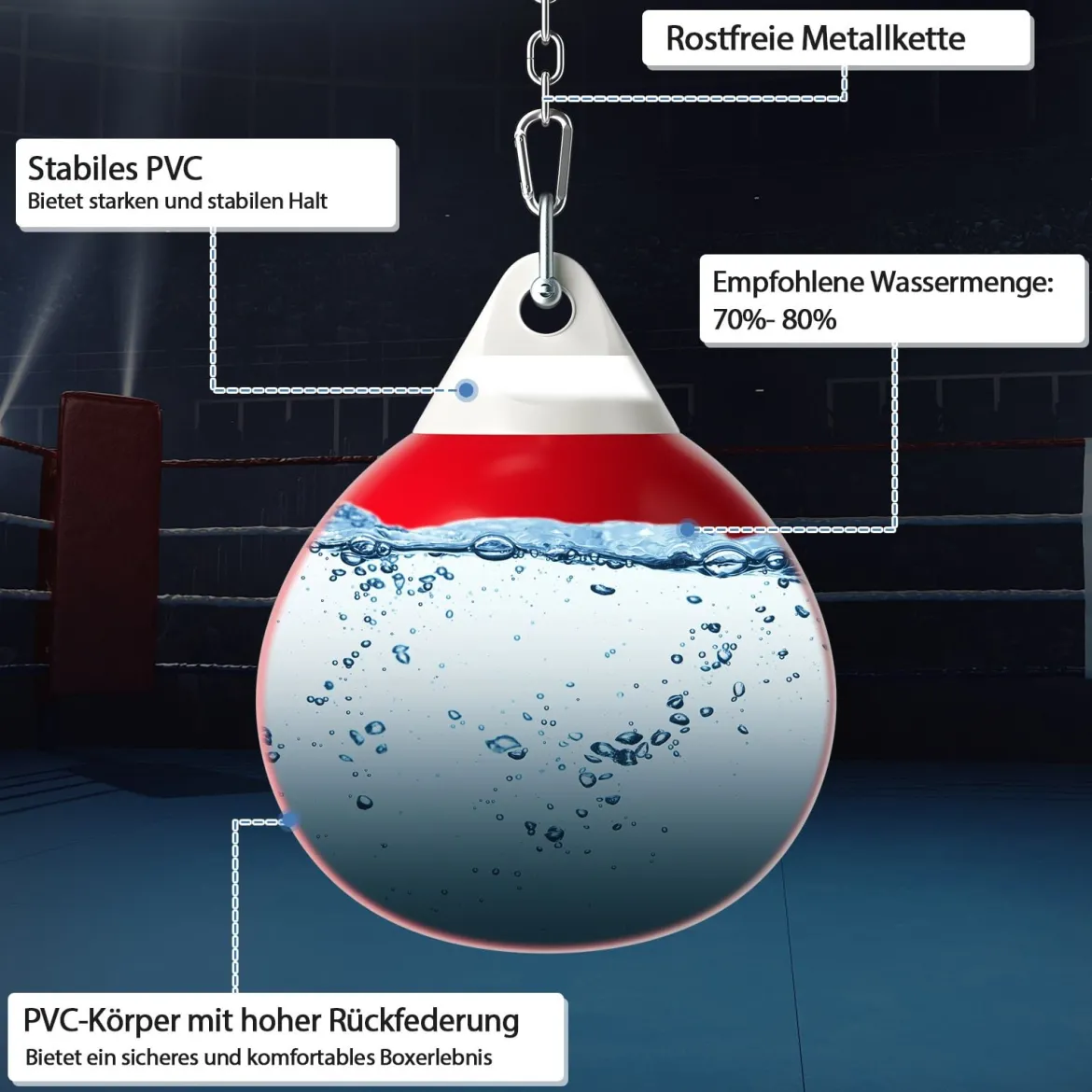 Ø45 cm Wasserboxsack 50 kg Boxing Punching Bag mit Verstellbarer Metallkette Rot