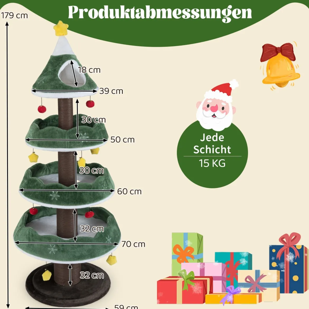 179 cm Weihnachten Kratzbaum mit 3 Plattformen & 11 Bällen Katzenbaum Katzenmöbel