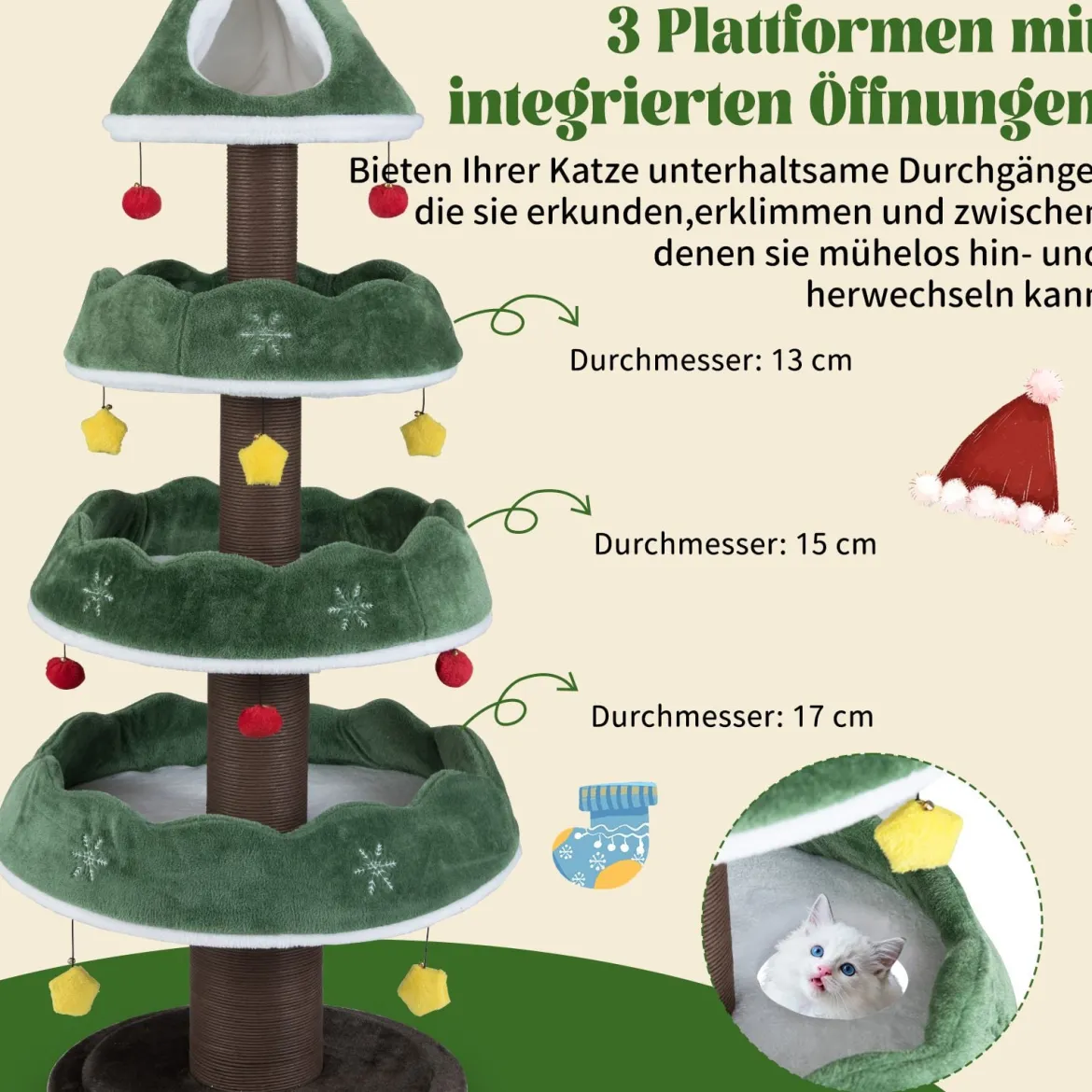 179 cm Weihnachten Kratzbaum mit 3 Plattformen & 11 Bällen Katzenbaum Katzenmöbel