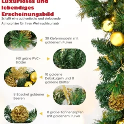 270 cm Weihnachtsgirlande mit 50 Warmweiß LEDs & Tannenzapfen & Goldenen Kugeln