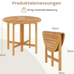 Ø 90 cm Wetterfester Gartentisch Akazienholz Klapptisch Runder Balkontisch Esstisch Natur