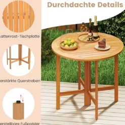 Ø 90 cm Wetterfester Gartentisch Akazienholz Klapptisch Runder Balkontisch Esstisch Natur