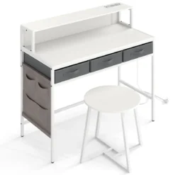 Computerschreibtisch mit Steckdosen Schminktisch und Hocker-Set mit Monitorständer Weiß