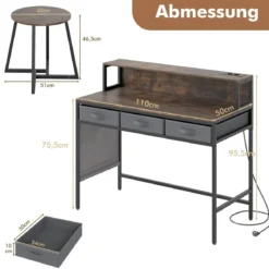 Computerschreibtisch mit Steckdosen Schminktisch und Hocker-Set mit Monitorständer Rustikal Braun