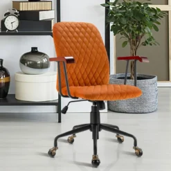 Computerstuhl aus Samt mit mittlerer Rückenlehne gepolstertem Sitz Armlehnen aus Gummiholz Orange