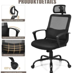 ComputerstuhlErgonomischer Netz-Bürostuhl mit Lumbalstütze 70 x 70 x 116-126 cm Schwarz