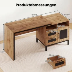 Computertisch Holz Schreibtisch mit 2 Offene Fächer 2 Schubladen & ein Eintüriger Schrank 181 x 60 x 76 cm