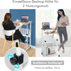 Computertisch 2-in-1 Bürotisch mit Höhenverstellbarer Tischplatte 55 x 53 x 98 cm Natur + Weiß