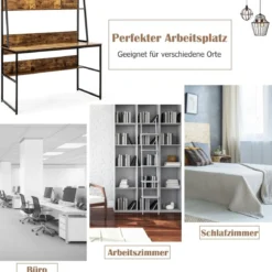 Computertisch mit Ablage & Bücherregal & Verstellbaren Fußpads Schreibtisch Arbeitstisch Kaffee