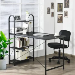Computertisch mit Ablagefläche mit verstellbaren Untersetzern Bürotisch Homeoffice-Schreibtisch Schwarz