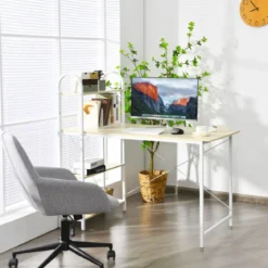Computertisch mit Ablagefläche mit verstellbaren Untersetzern Bürotisch Homeoffice-Schreibtisch Weiß
