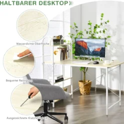 Computertisch mit Ablagefläche mit verstellbaren Untersetzern Bürotisch Homeoffice-Schreibtisch Weiß