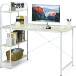 Computertisch mit Ablagefläche mit verstellbaren Untersetzern Bürotisch Homeoffice-Schreibtisch Weiß