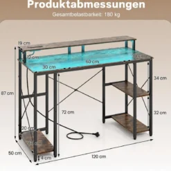 Computertisch mit LED-Beleuchtung Steckdosen & Monitorständer 120 x 50 x 87 cm