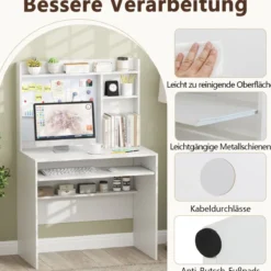 Computertisch mit Magnetischer Pinnwand Home Office Schreibtisch Modern PC Tisch Weiß
